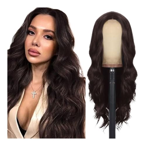26 Inch Long Wavy Wig Glueless Middle Part Curly Synthetic Lace Wig for Cosplay Daily Use Fügt Haarvolumen hinzu(Brown) von YUHANXINHESHE