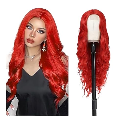 26 Inch Long Wavy Wig Glueless Middle Part Curly Synthetic Lace Wig for Cosplay Daily Use Fügt Haarvolumen hinzu(Red) von YUHANXINHESHE