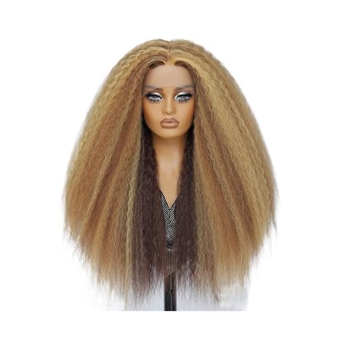 28 Zoll Kinky13x5x1 Lace Front Perücke T-Part Synthetische Afro Yaki Gerade Perücken for Schwarze Frauen Fügt Haarvolumen hinzu(Blonde mix brown) von YUHANXINHESHE