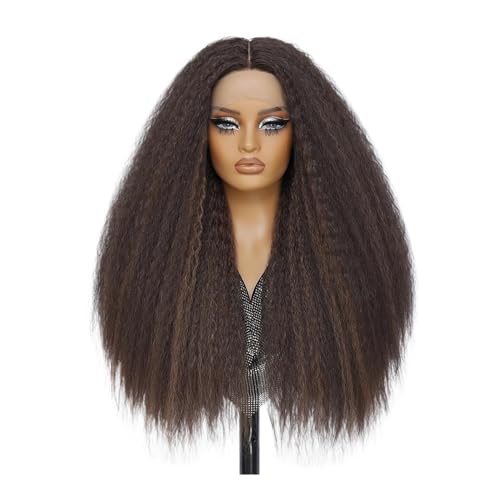 28 Zoll Kinky13x5x1 Lace Front Perücke T-Part Synthetische Afro Yaki Gerade Perücken for Schwarze Frauen Fügt Haarvolumen hinzu(Chocolate Brown) von YUHANXINHESHE