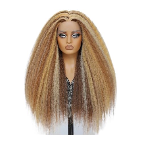 28 Zoll Kinky13x5x1 Lace Front Perücke T-Part Synthetische Afro Yaki Gerade Perücken for Schwarze Frauen Fügt Haarvolumen hinzu(Dark blonde mix brown) von YUHANXINHESHE