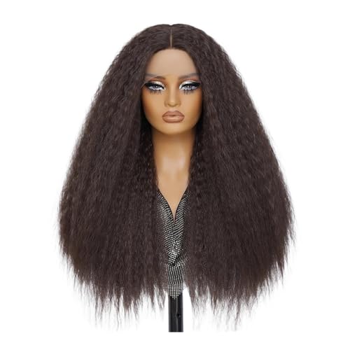 28 Zoll Kinky13x5x1 Lace Front Perücke T-Part Synthetische Afro Yaki Gerade Perücken for Schwarze Frauen Fügt Haarvolumen hinzu(Dark brown) von YUHANXINHESHE