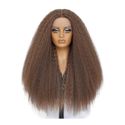 28 Zoll Kinky13x5x1 Lace Front Perücke T-Part Synthetische Afro Yaki Gerade Perücken for Schwarze Frauen Fügt Haarvolumen hinzu(Light brown) von YUHANXINHESHE