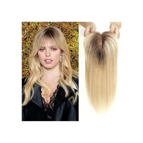 3"x5" Echthaar-Perücken mit Pony, Seidenbasis, Clip-Stücke, glatte Topper-Haare for Frauen, Haarverlängerung Fügt Haarvolumen hinzu(Ombre Brown Blonde) von YUHANXINHESHE