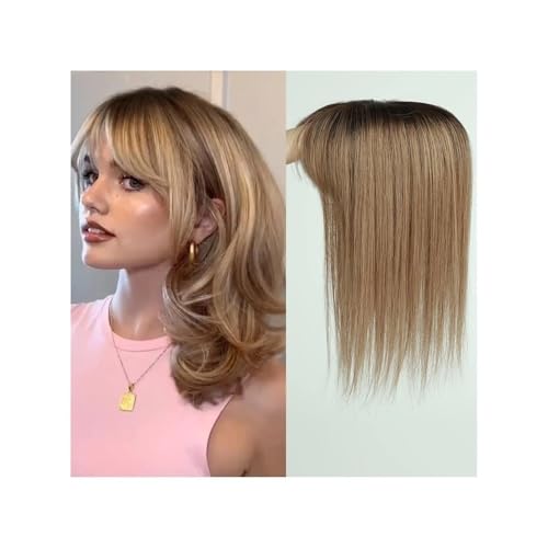 3"x5" Echthaar-Perücken mit Pony, Seidenbasis, Clip-Stücke, glatte Topper-Haare for Frauen, Haarverlängerung Fügt Haarvolumen hinzu(Ombre Light Brown) von YUHANXINHESHE
