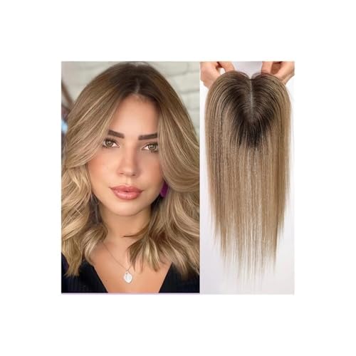 4,5 x 5 Zoll Echthaar-Perücken, Schweizer Spitzen-Clip-Stücke, glatte Topper-Haare for Frauen, decken Haarausfall oder graue Haarpartien ab (14 Zoll) Fügt Haarvolumen hinzu(Ombre light Brown) von YUHANXINHESHE