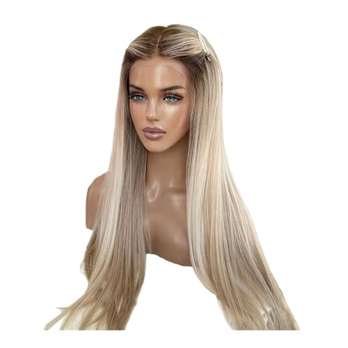 5x5 Highlight Ombre Ash Blonde Invisible Lace Front Wig Human Hair for White Women,Pre Plucked Natural Hairline Glueless Wigs with Brown Roots Fügt Haarvolumen hinzu(250%,22 inch) von YUHANXINHESHE