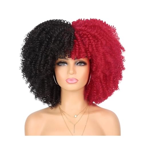 70er-80er-Afro-Perücke for schwarze Frauen, synthetische kurze, verworrene, lockige Perücke mit Pony for den täglichen Party-Look Fügt Haarvolumen hinzu(Black and red) von YUHANXINHESHE