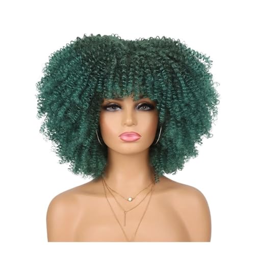 70er-80er-Afro-Perücke for schwarze Frauen, synthetische kurze, verworrene, lockige Perücke mit Pony for den täglichen Party-Look Fügt Haarvolumen hinzu(Dark green) von YUHANXINHESHE