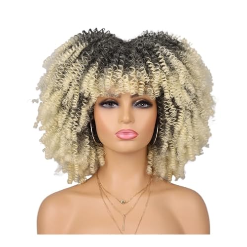 70er-80er-Afro-Perücke for schwarze Frauen, synthetische kurze, verworrene, lockige Perücke mit Pony for den täglichen Party-Look Fügt Haarvolumen hinzu(Ombre Blonde) von YUHANXINHESHE