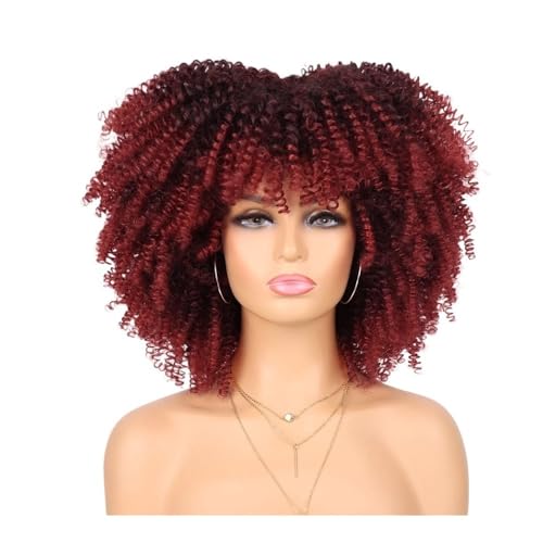 70er-80er-Afro-Perücke for schwarze Frauen, synthetische kurze, verworrene, lockige Perücke mit Pony for den täglichen Party-Look Fügt Haarvolumen hinzu(Ombre red) von YUHANXINHESHE