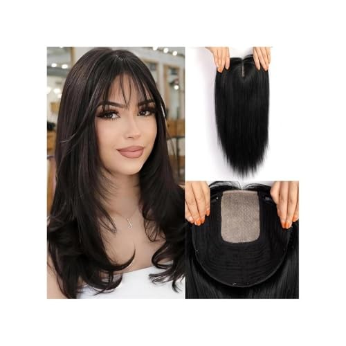 9"×9" Echthaar-Topper mit Pony 16 Zoll for Frauen, Remy-Echthaar mit mehreren rutschfesten Clips und großflächiger Basis, 150 Dichte Fügt Haarvolumen hinzu(Black) von YUHANXINHESHE