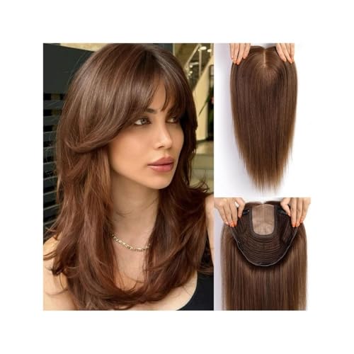 9"×9" Echthaar-Topper mit Pony 16 Zoll for Frauen, Remy-Echthaar mit mehreren rutschfesten Clips und großflächiger Basis, 150 Dichte Fügt Haarvolumen hinzu(Brown) von YUHANXINHESHE