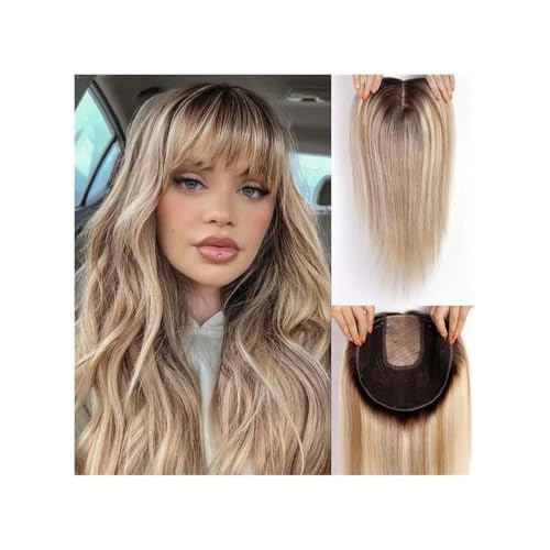 9"×9" Echthaar-Topper mit Pony 16 Zoll for Frauen, Remy-Echthaar mit mehreren rutschfesten Clips und großflächiger Basis, 150 Dichte Fügt Haarvolumen hinzu(Ombre Brown Blonde) von YUHANXINHESHE