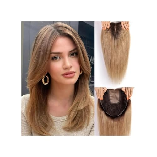 9"×9" Echthaar-Topper ohne Pony for Frauen, Remy-Echthaar mit mehreren rutschfesten Clips und großflächiger Basis, 150 Dichte, 16 Zoll Fügt Haarvolumen hinzu(Ombre Ash Brown) von YUHANXINHESHE