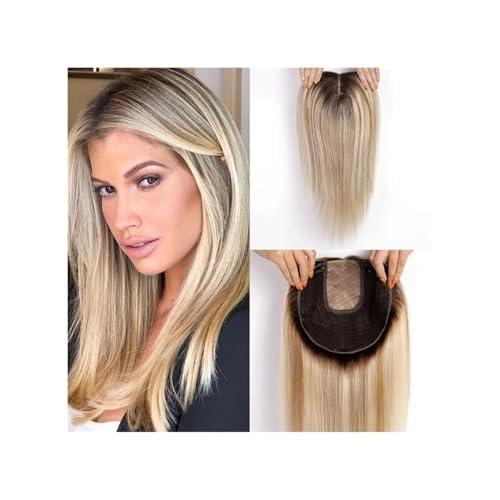 9"×9" Echthaar-Topper ohne Pony for Frauen, Remy-Echthaar mit mehreren rutschfesten Clips und großflächiger Basis, 150 Dichte, 16 Zoll Fügt Haarvolumen hinzu(Ombre Brown Blonde) von YUHANXINHESHE