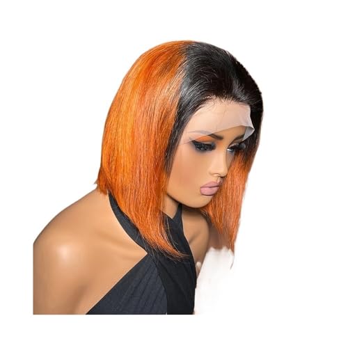 Bob-Perücke, 13 x 4 Zoll, Lace-Front-Perücke mit Babyhaar, glattes Echthaar, Bob-Perücken for schwarze Frauen, 180 Dichte Fügt Haarvolumen hinzu(Black+orange) von YUHANXINHESHE