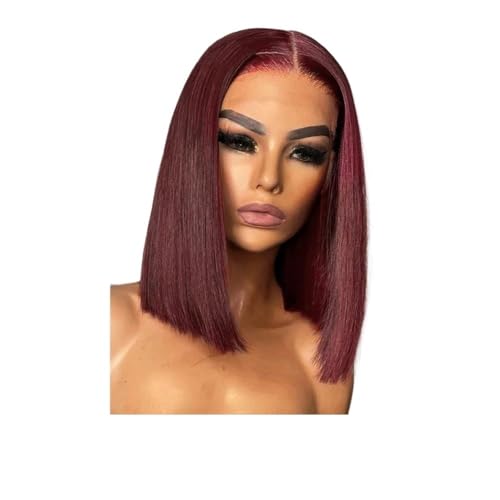 Bob Perücke Echthaar Glueless Kurze Gerade 13x4 HD Spitze Vorne Vorgezupfte Perücken for Frauen Fügt Haarvolumen hinzu(Wine red,16inch) von YUHANXINHESHE