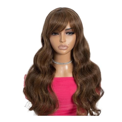 Body Wave-Perücken mit Pony for Frauen, keine Lace-Front-Perücken, 180 Dichte, brasilianisches Echthaar, klebefreie Perücke Fügt Haarvolumen hinzu(Brown to Caramel Blonde,18inch) von YUHANXINHESHE