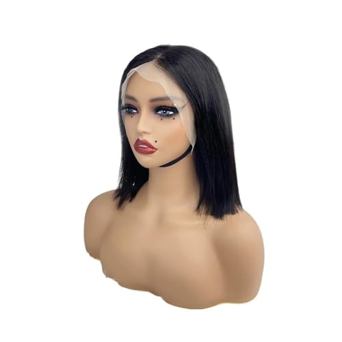 Brasilianische glatte Bob-Perücke aus Echthaar, 25,4 cm, 33 x 10 cm, HD-Spitzenfrontperücke, 250 Dichte, ohne Klebstoff, for schwarze Frauen Fügt Haarvolumen hinzu(Nature black) von YUHANXINHESHE