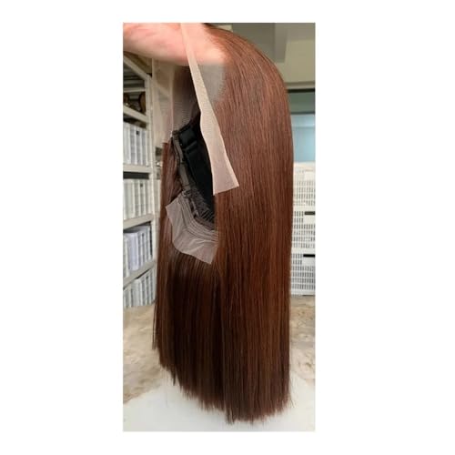 Braune 13x4 HD transparente Bob-Perücke mit Spitzenfront, 250 Dichte, kurze glatte Echthaarperücken, vorgezupft, for Frauen Fügt Haarvolumen hinzu(16inch) von YUHANXINHESHE