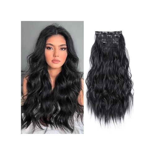 Clip-In-Haarverlängerungen, 4 Stück, for den ganzen Kopf, 50,8 cm lang, lockig, gewellt, synthetische Haarteile, natürlich gewellt, for Frauen Easy Installation and Removal(Jet black) von YUHANXINHESHE