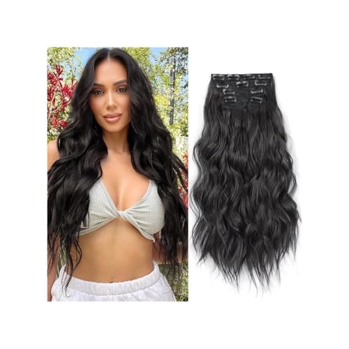 Clip-In-Haarverlängerungen, 4 Stück, for den ganzen Kopf, 50,8 cm lang, lockig, gewellt, synthetische Haarteile, natürlich gewellt, for Frauen Easy Installation and Removal(Natural Black) von YUHANXINHESHE