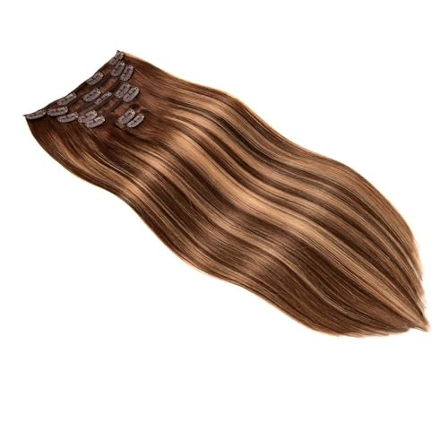 Clip-in-Haarverlängerungen for Frauen, 120 g, 7 Stück, glatte Remy-Echthaarverlängerungen Easy Installation and Removal(Highlight Mix brown Blonde,18inch) von YUHANXINHESHE