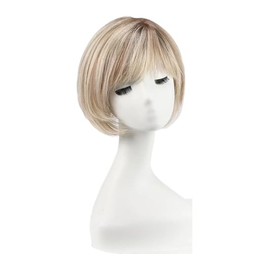 Echthaar-Teile for Damen, kurzes Bob-Haar mit Pony, 25,4 cm Seitenscheitel, Haarteile for Damen mit dünnem Haar, 16,5 cm × 16,5 cm Basis Fügt Haarvolumen hinzu(Ombre Blonde With Brown Highlight) von YUHANXINHESHE