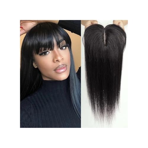 Echthaar-Topper mit Pony for Frauen, Dichte 150, Seidenbasis, Clip-In-Topper, 14 Zoll Fügt Haarvolumen hinzu(Black) von YUHANXINHESHE