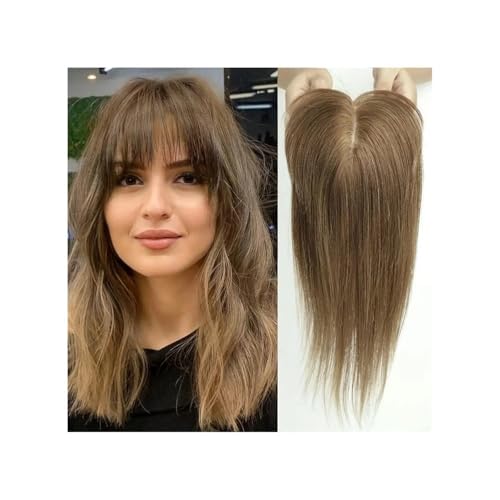 Echthaar-Topper mit Pony for Frauen, Dichte 150, Seidenbasis, Clip-In-Topper, 14 Zoll Fügt Haarvolumen hinzu(Golden Brown) von YUHANXINHESHE