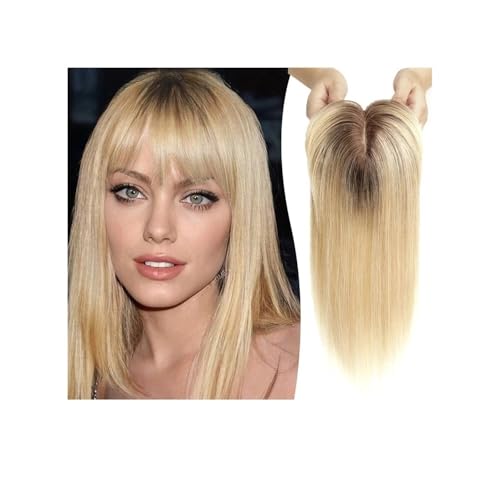 Echthaar-Topper mit Pony for Frauen, Dichte 150, Seidenbasis, Clip-In-Topper, 14 Zoll Fügt Haarvolumen hinzu(Ombre Brown Blonde) von YUHANXINHESHE