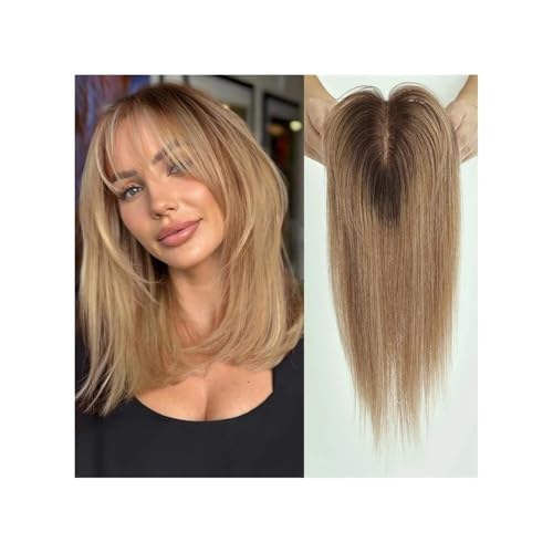 Echthaar-Topper mit Pony for Frauen, Dichte 150, Seidenbasis, Clip-In-Topper, 14 Zoll Fügt Haarvolumen hinzu(Ombre Light Brown) von YUHANXINHESHE