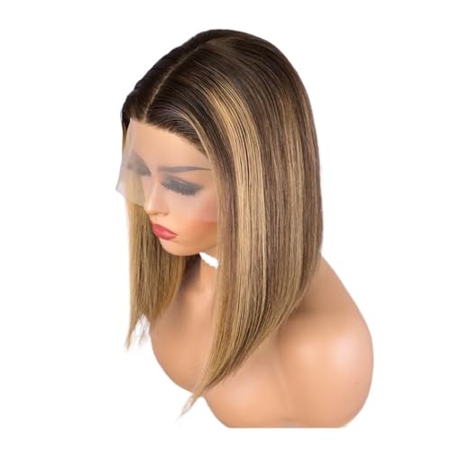 Glatte Echthaarperücken 13x6x1 T-Scheitel Lace Front Mittelscheitel Remy-Haarperücken 180 Dichte for Frauen Fügt Haarvolumen hinzu(Highlight Brown,8inch) von YUHANXINHESHE