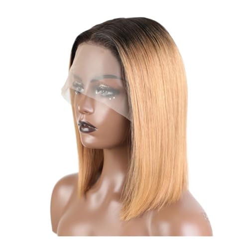 Glatte Echthaarperücken 13x6x1 T-Scheitel Lace Front Mittelscheitel Remy-Haarperücken 180 Dichte for Frauen Fügt Haarvolumen hinzu(Ombre Blonde,12inch) von YUHANXINHESHE