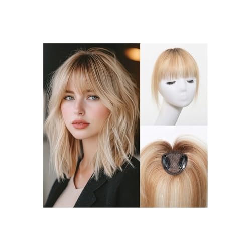 Hair Toppers for Women Clip in Bangs Real Human Hairs,150 Density Silk Base Clip in Pieces Straight for Thin Haires Daily Use Fügt Haarvolumen hinzu(DARK BLONDE+BLEACH BLONDe) von YUHANXINHESHE