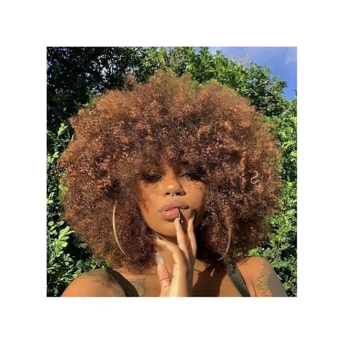 Human Hair Wigs 70s Short Afro Wig for Black Women Short Kinky Curly Glueless wig with Bangs for Daily Cosplay Party Fügt Haarvolumen hinzu(Dark brown+light brown) von YUHANXINHESHE