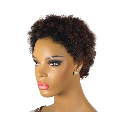 Kleberlose Wear and Go-Perücke, kurze Afro-Perücken aus Echthaar mit Locken for schwarze Frauen, kinky Afro-Perücken for den täglichen Gebrauch auf Partys Fügt Haarvolumen hinzu(Highlight Brown) von YUHANXINHESHE