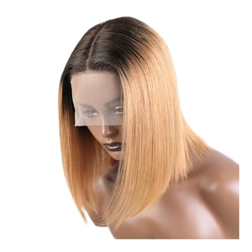 Kurze, glatte Bob-Perücke mit T-Spitze, Echthaar, 13 x 6 x 1 Zoll, for Frauen, klebefreie brasilianische Remy-Haarperücke Fügt Haarvolumen hinzu(Ombre Blonde,14inch) von YUHANXINHESHE