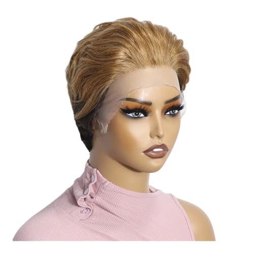 Kurze, glatte Perücken aus Echthaar mit Spitzenfront im Pixie-Schnitt for Frauen, brasilianisches Remy-Haar, klebefrei, glatt, 180 Dichte Fügt Haarvolumen hinzu(Light brown) von YUHANXINHESHE