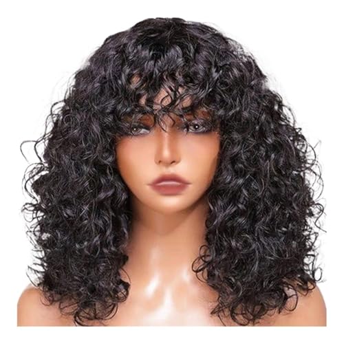Kurze lockige Perücke mit Pony, Echthaar for Frauen, wassergewellter, lockiger Bob, klebefreie Perücken, 150 Dichte Fügt Haarvolumen hinzu(Natural black,14inch) von YUHANXINHESHE