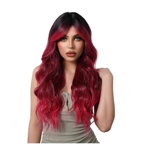 Lange, gewellte Perücken mit Pony, 26 Zoll Kunsthaarperücken for Frauen, for den täglichen Gebrauch bei Partys und Cosplays Fügt Haarvolumen hinzu(Black Ombre Red) von YUHANXINHESHE