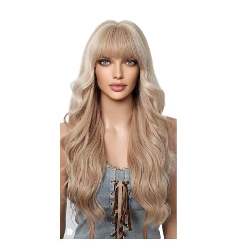 Lange, gewellte Perücken mit Pony, 26 Zoll Kunsthaarperücken for Frauen, for den täglichen Gebrauch bei Partys und Cosplays Fügt Haarvolumen hinzu(Dark blonde highlight) von YUHANXINHESHE
