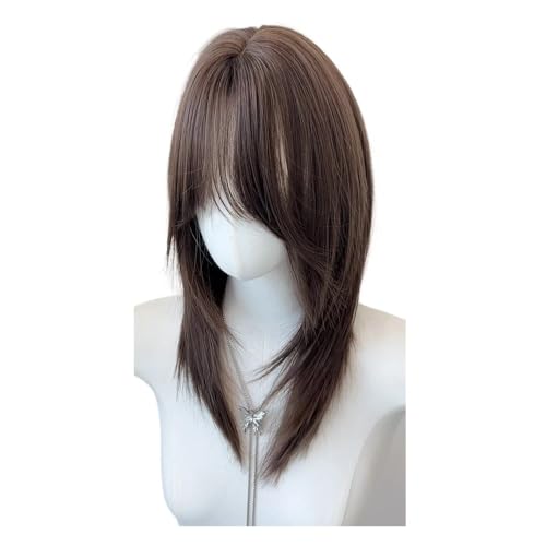 Lange Perücken mit Pony, synthetische, natürlich aussehende, geschichtete, glatte Haarperücke for Frauen, for den täglichen Gebrauch auf Partys, 20 Zoll, Braun Fügt Haarvolumen hinzu von YUHANXINHESHE