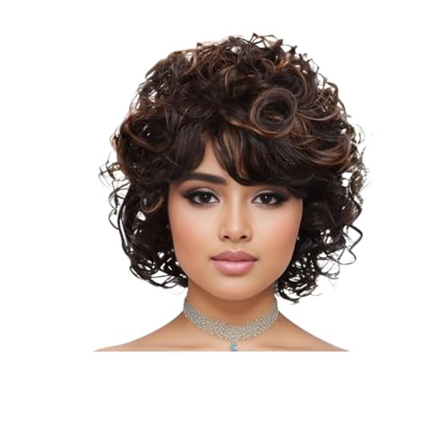 Lockige Perücken for schwarze Frauen, weich, schwarz, kurz, mit Pony, Afro, lockere Locken, hitzebeständige synthetische Perücke Fügt Haarvolumen hinzu(Brown mix auburn) von YUHANXINHESHE