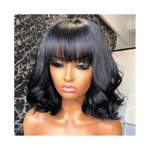 Natürlich gewellte Perücken mit Pony, schwarze, gewellte Bob-Perücken for schwarze Frauen, brasilianisches Echthaar, ohne Kleber, locker gelockt, 180 Dichte Fügt Haarvolumen hinzu(8inch) von YUHANXINHESHE
