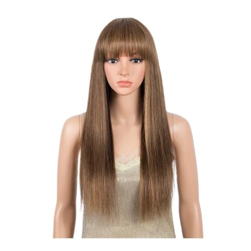 Ombre-braune, glatte Perücken mit Pony, Echthaarperücken for schwarze Frauen, keine Lace-Front, ohne Kleber, Highlights in Braunblond Fügt Haarvolumen hinzu(28inch) von YUHANXINHESHE
