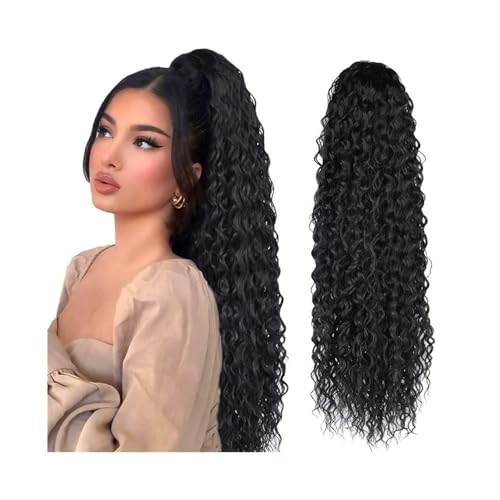 Ponytail Extension 27 Inch Drawstring Ponytail Extension for Black Women Deep Curly Synthetic Mixed with Human Hair Hairpieces Afro Kinky Pony Tail Daily Use (Black)(20inches) von YUHANXINHESHE
