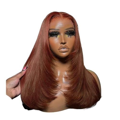 Rotbraune Lace-Front-Perücke, glattes Haar, synthetische, kleberfreie, hitzebeständige Faserperücke for modebewusste Frauen (13 x 4 x 1) Fügt Haarvolumen hinzu(30inch) von YUHANXINHESHE