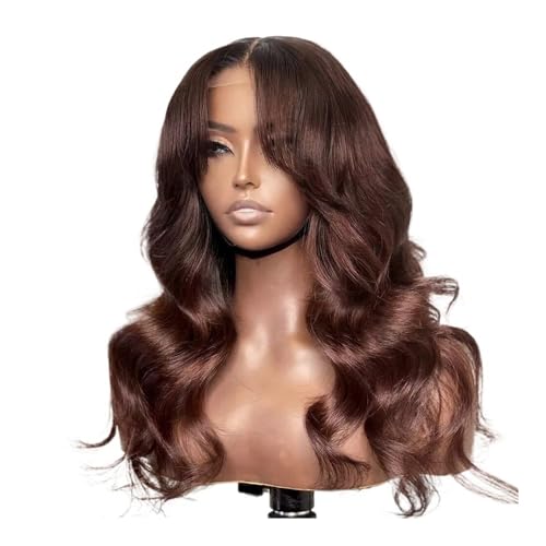 Schokoladenbraune Perücke, 150 Dichte, 13 x 4 HD-Spitzenfrontperücken, Echthaar, vorgezupft, braune Körperwellenperücken for Frauen Fügt Haarvolumen hinzu(16inch) von YUHANXINHESHE